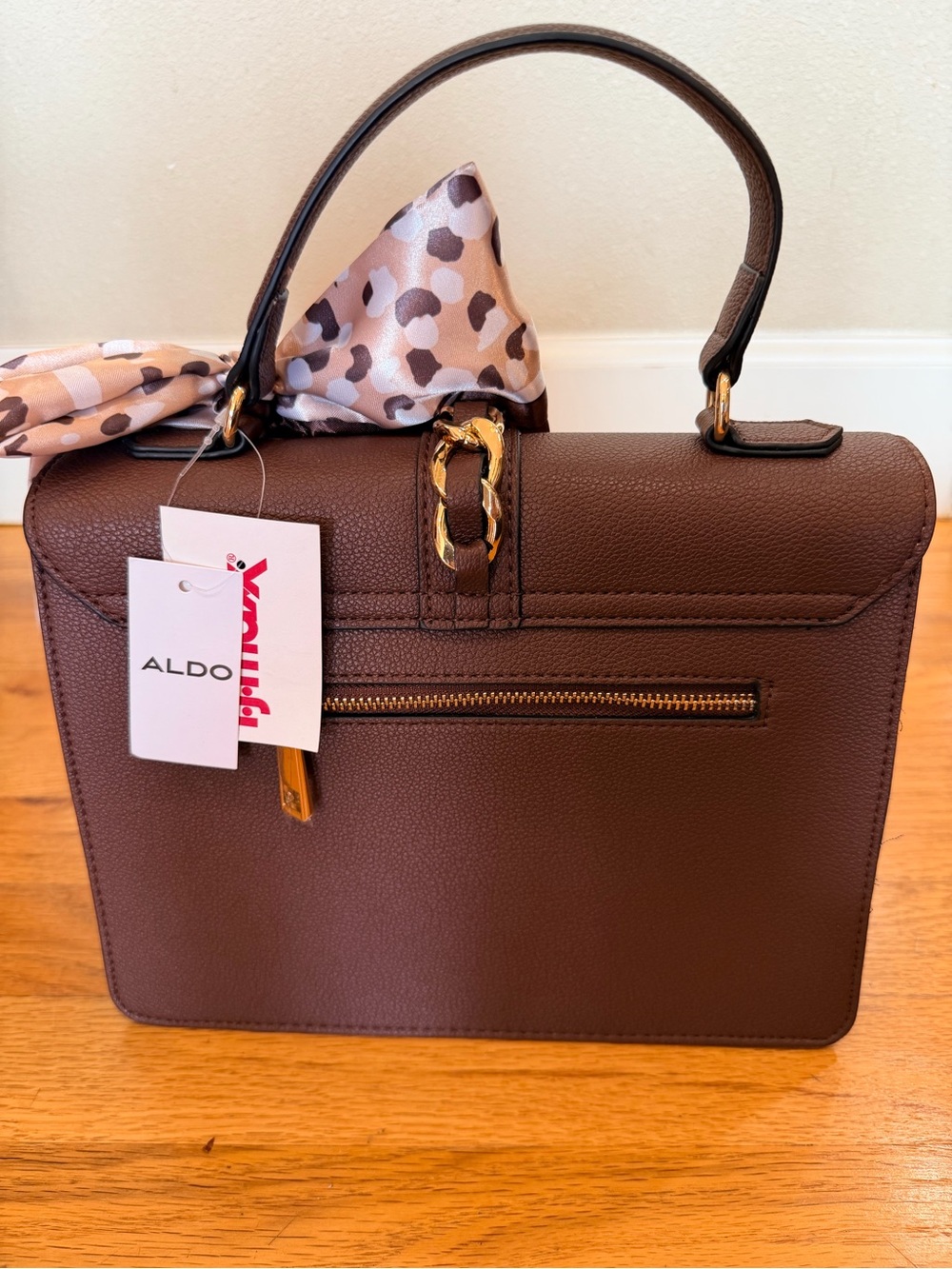 Aldo Brown and White Top-Handle Women's Bag with Bow Accent - Picture 3 of 6